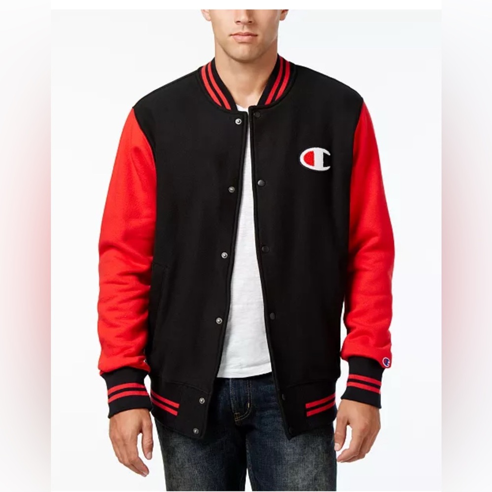 Mens Champion Varsity Jacket Mens Large Red/Black Bomber Snap Big C Letterman